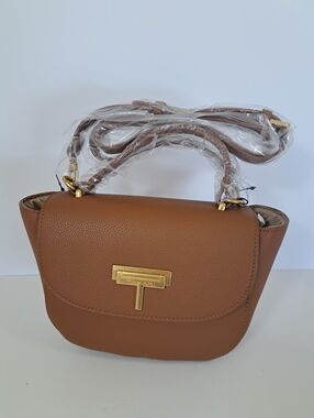 Tahari Brown Cognac Pebbled Top Handle Crossbody Bag Gold Hardware NWT